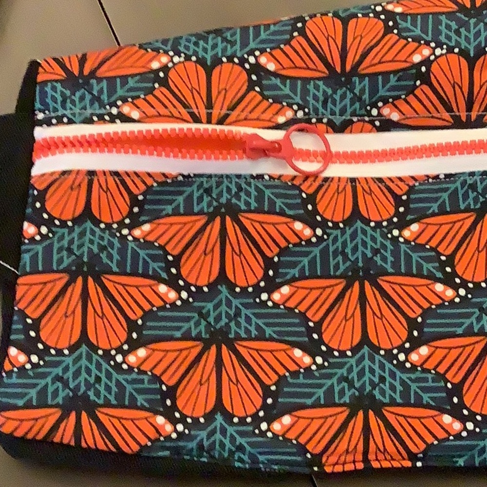 Hand made ! Black jean upcycled Bag with Orange Butterfly Print crossbody